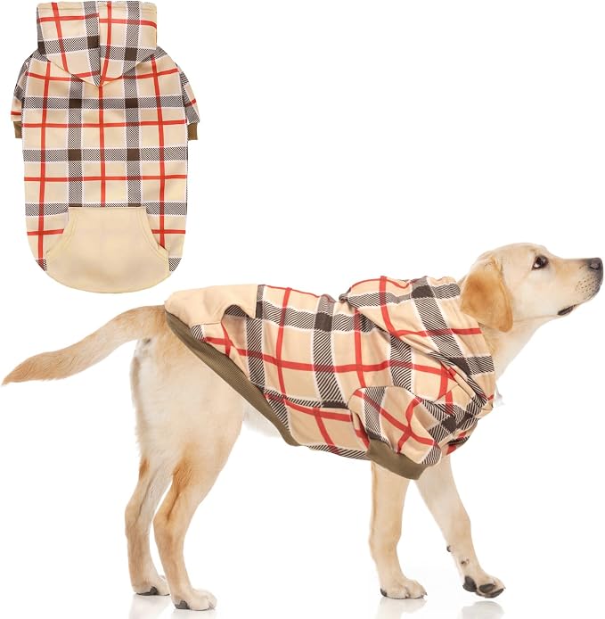KOOLTAIL Plaid Dog Hoodie for Small Medium Large Dogs - Pet Clothes Sweater with Hat and Pocket for Cold Weather Winter, Warm Soft Dog Hooded Sweatshirt Coat Outfit for Puppy Cats Girls Boys Beige XL