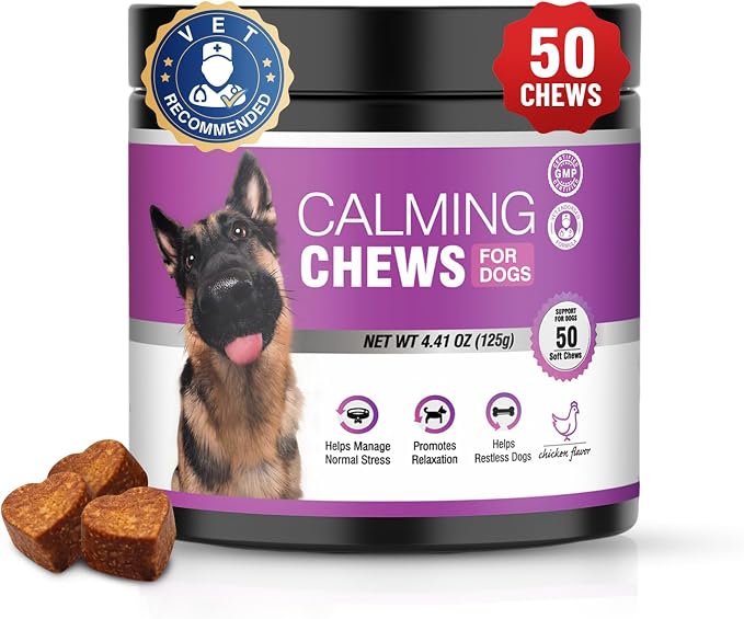 Calming Chews for Dogs 50pc Dog Calming Treat and Bites with Melatonin - Anxiety and Stress Relief Treats for Dogs Puppy Sleep Aid Calm Dog with Noise,Thunder, Barking, Separation,Chewing