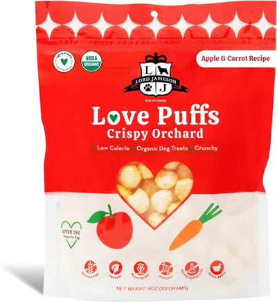 Lord Jameson Crispy Orchard Light & Crunchy Love Puffs - Apple & Carrot Dog Treats, Low-Calorie, Low-Sugar, Gluten & Preservative-Free, USDA Certified Organic - Made In USA 4 oz