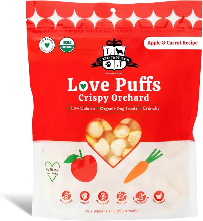 Lord Jameson Crispy Orchard Light & Crunchy Love Puffs - Apple & Carrot Dog Treats, Low-Calorie, Low-Sugar, Gluten & Preservative-Free, USDA Certified Organic - Made In USA 4 oz