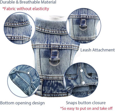 Puppy Clothes for Small Dogs Boy,Classic Western Denim Dog Coat,Dog Jeans Jacket with Leash D-Ring,Pet Cat Costumes,Cooling Harness Vest for Walking (Blue, Large)