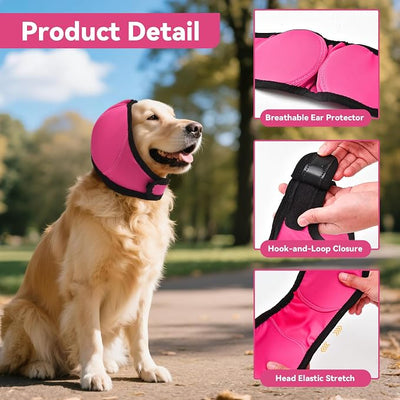 Dog Ear Covers for Bath, Dog Ear Muffs Noise Protection, Elastic Waterproof Ear Protector with Calming Hoodie Design for Fireworks, Vet Visits, Grooming (Rose, Large)