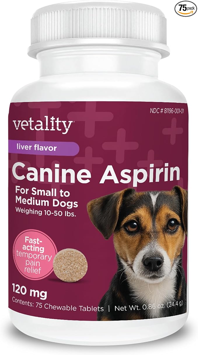 Vetality Canine Aspirin for Dogs | Fast Pain Relief | Small to Medium Dogs | Liver Flavor | 75 Chewable Tablets
