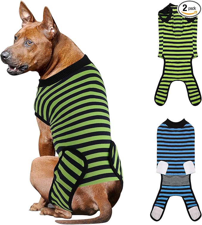2 Packs Breathable Cotton Dog Recovery Suit for After Neuter Spay Abdominal Wounds Protector, Professional Anti-Licking Onesies for Male Female Pets Surgery Bandages, 2XL Blue & Green Stripes