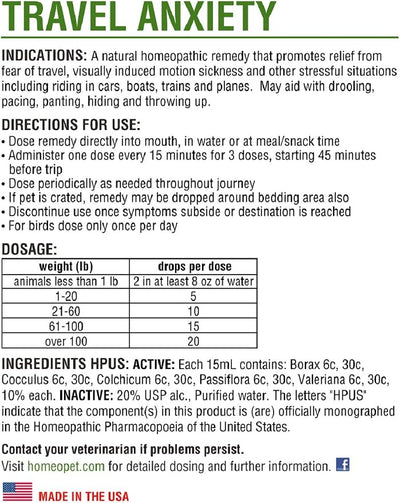 HomeoPet Travel Anxiety Relief for Pets 450 Drops per Bottle (1 Pack)