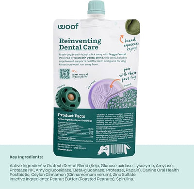 WOOF LickWells Doggy Dental - Teeth Cleaning Supplement and Breath Freshener for The FlipMat and LickMat - Postbiotic Squeezable Dog Treats to Support Oral Health for Dogs - 12 oz PB & Kelp Flavor.