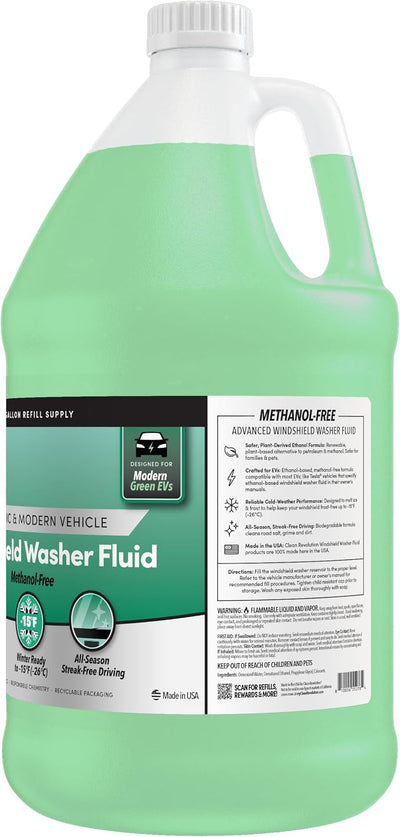 Clean Revolution EV Windshield Washer Fluid, 128oz, 100% Methanol-Free, Winter Ready up to -15F, Compatible with Electric Vehicles & Performance Cars
