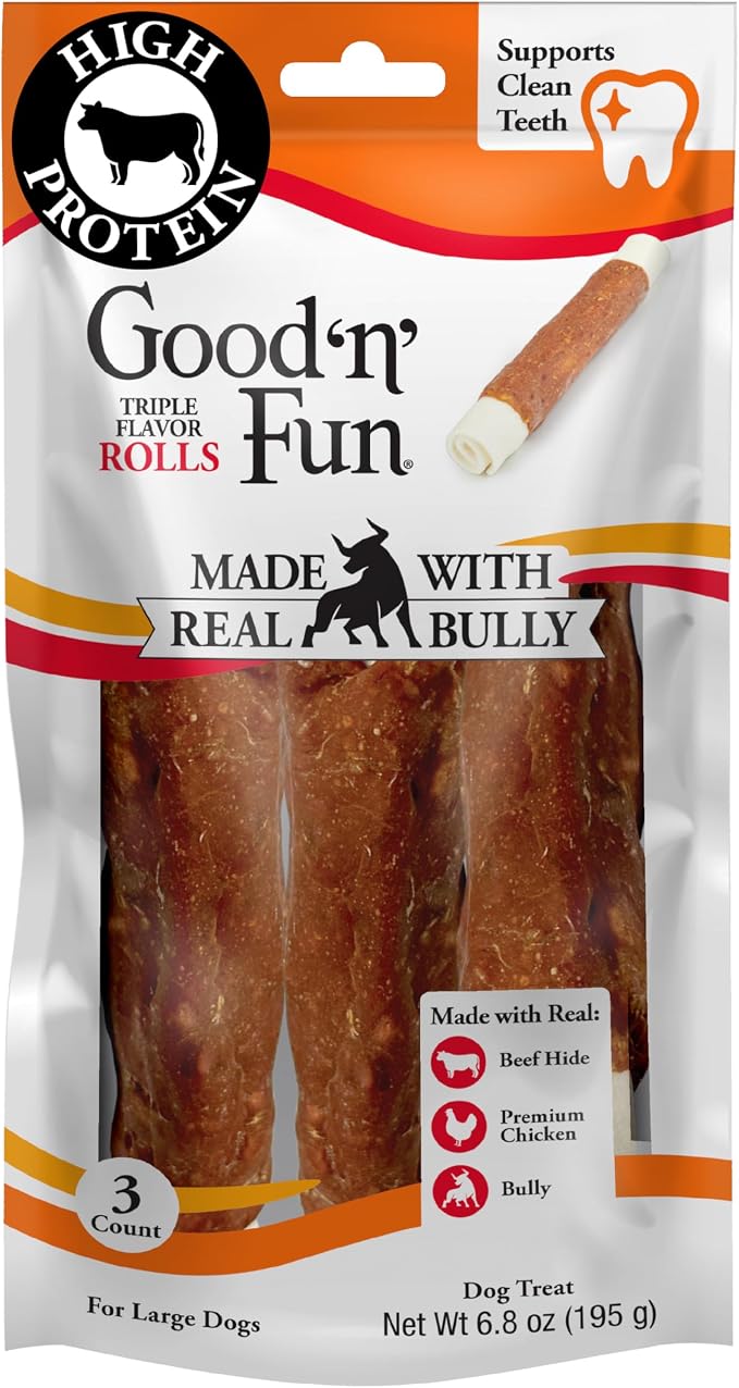 GOOD N' FUN Triple Flavor Rolls with Bully Chews, High-Protein Dog Treat for Large Adult Dogs, Made with Real Beef Hide, Chicken, Bully & Beef Liver Flavor, 3 Count