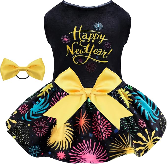 Happy New Year Dog Dresses Velvet Holiday Small Dogs Clothes Onesie Pet Apparel Girl Puppy Skirt with Bow Hair Rope