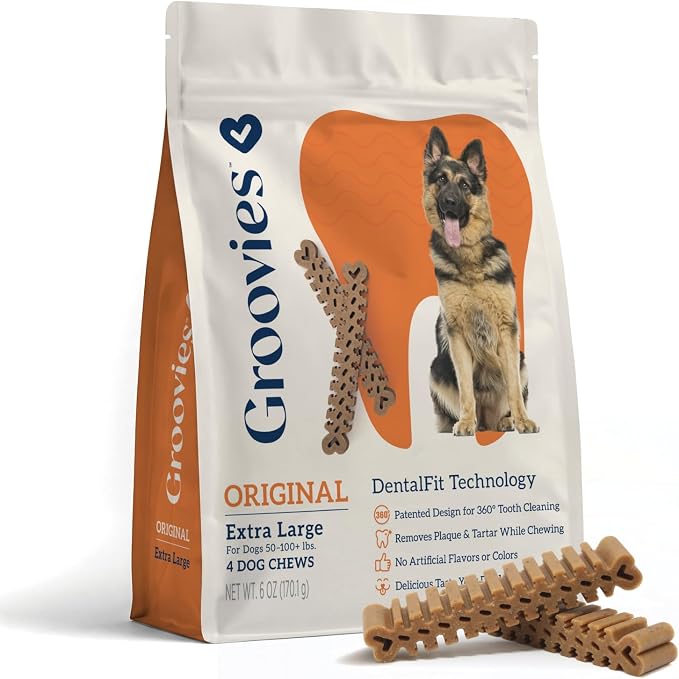 Groovies Dog Dental Treats, Flexible Yet Effective, Patented DentalFit Technology to Help Control Tartar & Freshen Breath, XLarge Dog Chews (50-100+ lbs), USA Manufactured Oral Care, 4 Count