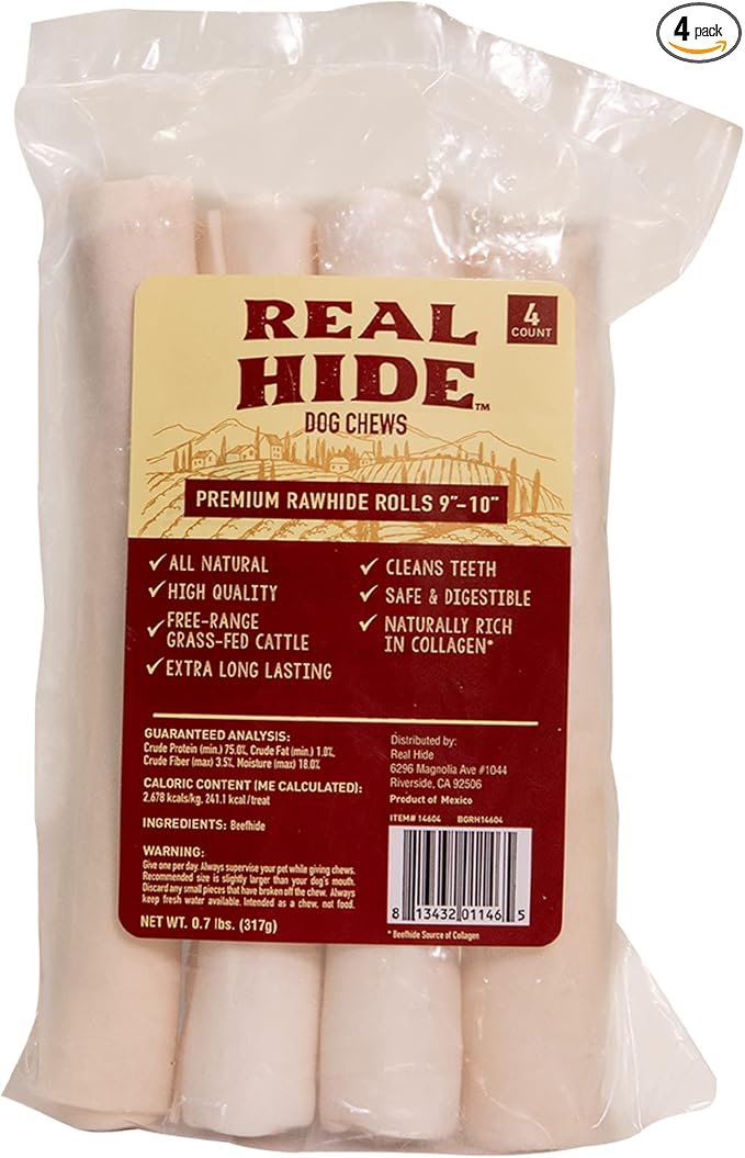 All Natural Dog Chew Treats - Premium Rawhide Rolls, 9-10 Inch - Long Lasting Grass Fed Free Range Beef Hide for Medium/Large Dogs - 4 Count