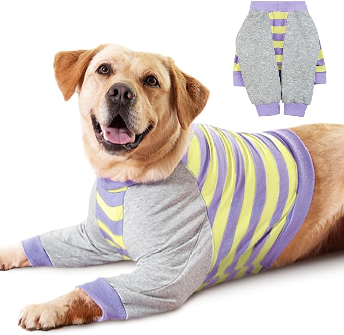 Dog Recovery Sleeve with Elbow Protector,Dogs Shirt Stop Licking Joints,Pet Long Sleeve Suit Protecting Dog's Front Leg Arm Wounds Cover Skin Conditions Purple Stripes 2XL
