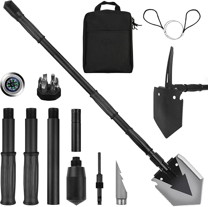Camping Shovel 38'', with Pickaxe, Survival Folding Spade, Tactical Heavyduty Multitool, Military Compact Shovel for Off-Roading, Entrenching, Car Emergency, Outdoor