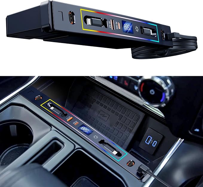 Car Fast Charger for Ford F150 XLT 2022 2023 2024 with 8-Color Ambient Light, Multi Port Retractable Hub for Ford F150 Accessories (PF338)