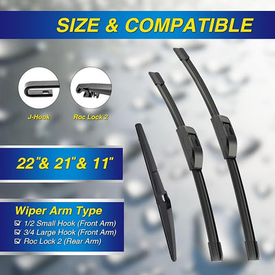 5 PLUS® Silicone Windshield Wiper Blades Replacement for 2021-2014 JEEP Grand Cherokee Wiper Blades(Set of 3),Automotive Replacement Windshield Wiper Blades-22"/21"/11"