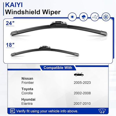 KAIYI 24" + 18" Windshield Wipers Compatible with Nissan Frontier 2005-2023,Toyota Corolla 2002-2008,Hyundai Elantra 2007-2010 Premium Automotive Replacement Windshield Wiper Blades 2 Pack