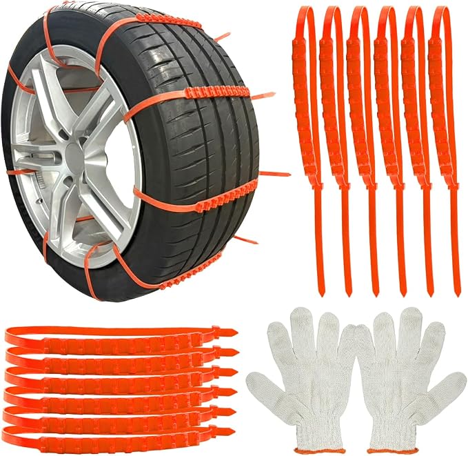 12PCS Car Snow Tire Chains, Reusable Portable Plastic Adjustable Snow Chains, Anti-Skid Zip Ties for Mud Mountain Road, Car Emergency Traction Cables for Safety Winter Driving (Orange)