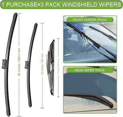 PARRATI® Windshield Wiper Blades for Ford Fiesta 2009-2019, 3 Pack | 26/15 Inch Front +12 Inch Rear, OEM Replacement, Ultra Quiet, No Streaks All Weather Wiping