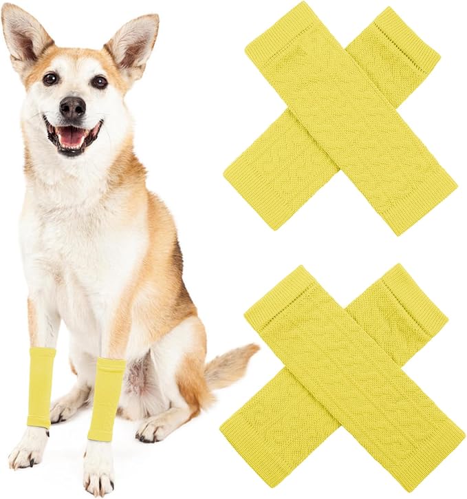 Pet Dog Elbow Protector, Dog Leg Wraps to Stop Licking, 2PCS Front Leg & 2PCS Back Leg Knee, Elastic Knitted Breathable Protective Sock for Pomeranian, Papillon Yellow 2XL