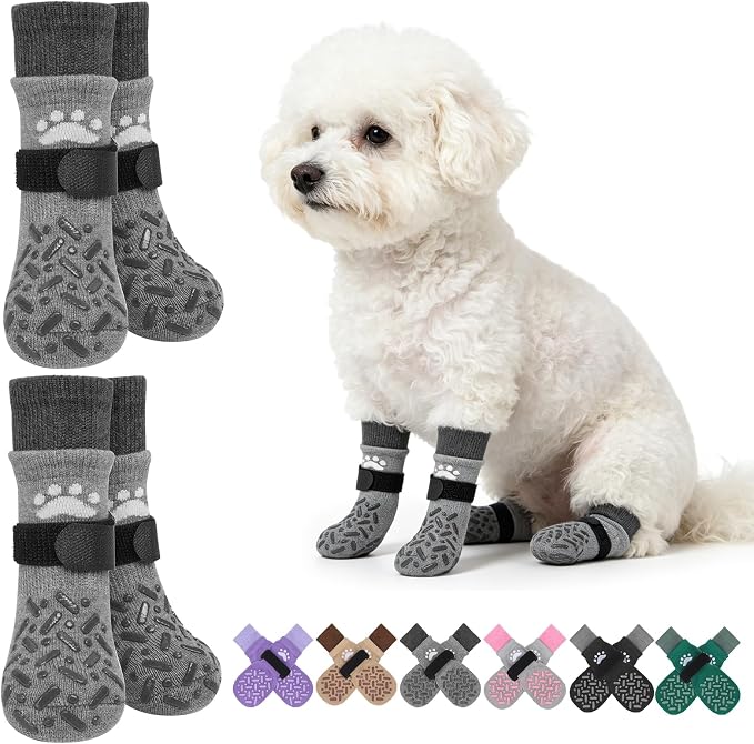 Anti Slip Dog Socks to Prevent Licking Paws for Hot/Cold Pavement, Paw Protector Traction Control on Hardwood Floor, Dog Shoes Booties for Puppy Small Medium Large Senior Dogs, Grey XS
