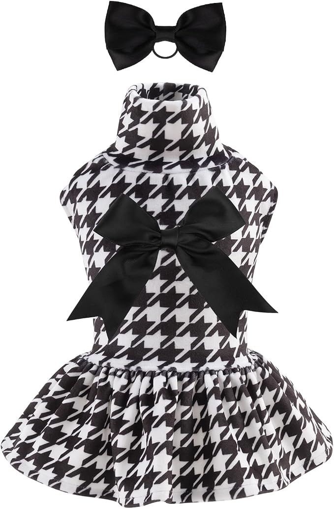 CuteBone Turtleneck Dog Velvet Dress Puppy Skirt Costume Pet Clothes Cat Apparel with Bow Hair Rope for Small Dogs CVD04M