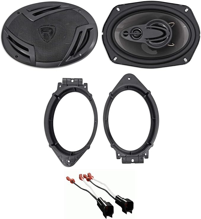 Rockville Pair RV69.4A 6x9 4-Way Car Speakers 1000 Watts Bundle with METRA 82-3004 6x9 Speaker Adapter Bracket Plate & METRA 72-5600 Speaker Wire Harness Connector Compatible with Ford (3 Item)