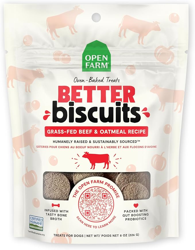 Better Biscuits, Oven Baked Dog Treats with Probiotics, Grass-Fed Beef & Oatmeal Recipe, 8oz Pouch