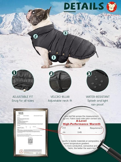 SPACE LION Dog Puffer Jacket, Down Winter Coat, Durable Outdoor Coat for Cold and Windy Conditions, Lightweight & Adjustable Fit Coats for Small & Medium Dogs, (Onyx Black, Size 12 Gift Box)