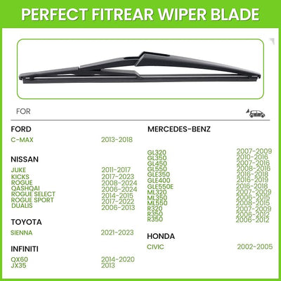 PARRATI® 12 Inch Rear Wiper Blade Replacement for 2008-2024 Nissan Rogue 2013-2021 Pathfinder/2017-2021 Mercedes Benz GLS450 2017-2019 GLS550/2013-2018 Ford C-Max,All-Season Windshield Wiper(12-L)