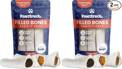 Pawstruck Large 5-6” Filled Dog Bones Variety Pack - Peanut Butter, Cheese & Bacon, Beef Flavors - Made in USA, Long Lasting Stuffed Femur Treat for Aggressive Chewers , Packaging May Vary (Pack of 6)