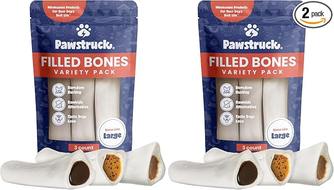 Large 5-6” Filled Dog Bones Variety Pack - Peanut Butter, Cheese & Bacon, Beef Flavors - Made in USA, Long Lasting Stuffed Femur Treat for Aggressive Chewers, Packaging May Vary (Pack of 6)