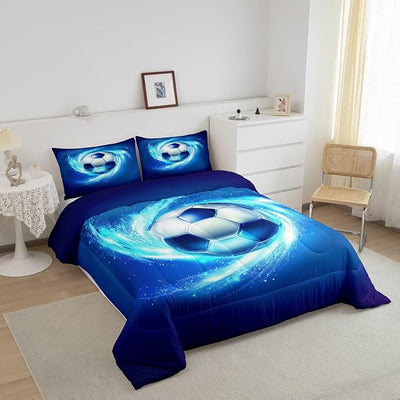 Erosebridal Football Comforter Set, Kids Soccer Pattern Bedding Set Sports Games Theme Duvet Set Twin Size for Boys Teens Youth, Geometric Honeycomb Hexagon Bedding Comforters for Bedroom, Blue