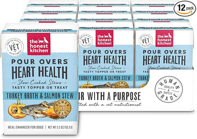 The Honest Kitchen Human Grade Functional Pour Overs: Heart Health - Turkey Broth & Salmon Stew Dog Food Topper, 5.5 oz x12