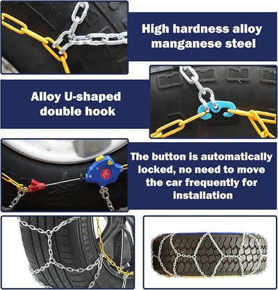 NEOCHIAEVO Auto Tightening Snow Chains Tire Chains, 1-Minute Quick Install, Universal Fit for Car/SUV/Pickup Truck, Multi-Weather Emergency Traction, Set of 2 - HKN110
