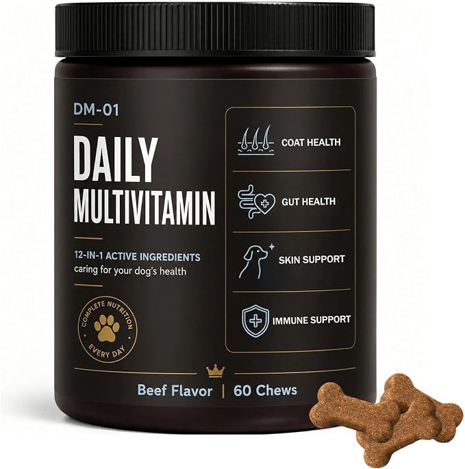 DM-01 Daily Multivitamin Soft Chews for Dogs, with Salmon Oil, Glucosamine HCl, Chondroitin, B Vitamins & Folic Acid, Skin & Coat, Joint, Digestive & Immune Support, Beef Flavor, 60 Soft Chews
