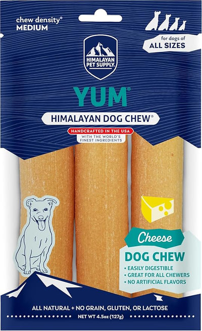 Himalayan Dog Chew Yak Cheese Dog Chews, Lactose Free & Grain Free, USA Made, for All Dog Breeds, Medium Density Cheese Chew, Resealable Pouch with 3 YUM Treats, Cheese Flavor