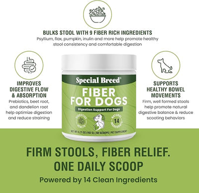 Fiber for Dogs Psyllium Husk, Beet Root, Dandelion Root, Miscanthus Grass & Prebiotics - Dog Fiber Supplement with Flax, Pumpkin, Apple - For Constipation, Diarrhea, Scooting & Anal Gland Support