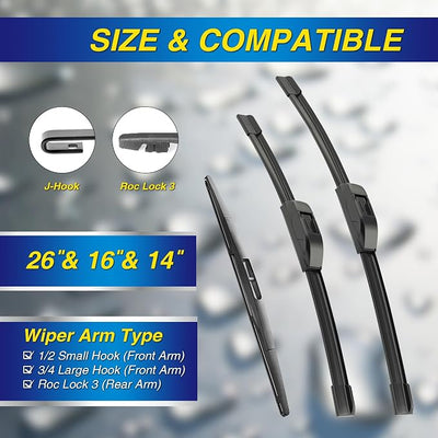 5 PLUS® Silicone Windshield Wipers Replacement for 2007-2018 ACURA RDX,2018-2023 NISSAN Leaf,2007-2011 Honda CRV Wiper Blades(Set of 3),Automotive Replacement Windshield Wiper Blades-26"/16"/14"