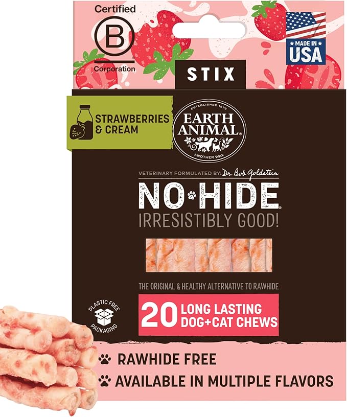 No-Hide Stix Strawberries & Cream Vegetarian Recipe Natural Rawhide Alternative Dog & Cat Chews, 20 Pack Value Pack