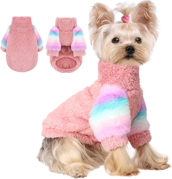 Dog Sweaters for Small Dogs, Chihuahua Fleece Clothes, Clothes Winter Warm Puppy Boys Girls, Rainbow Sleeve Sweater,Tiny Outfits Teacup Yorkie (Pink, X-Small)