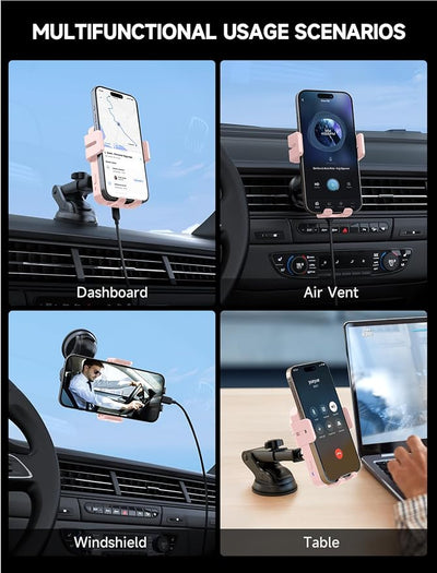 MOKPR Wireless Car Charger, 15W Auto Clamping Car Charger Dash Windshield Air Vent Phone Holder Compatible with iPhone 16 15 14/13/13 Pro/12 pro/12/11/X/8, Samsung S24/S23/S22, Pink