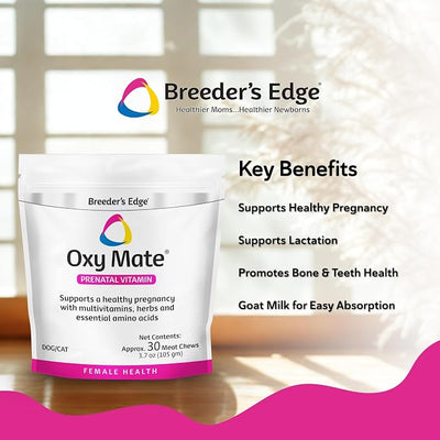 Breeder’s Edge Oxy Mate, Prenatal Vitamin Supplement for Pregnant Dogs and Cats, Supports Healthy Pregnancy, Red Blood Cell Production & Fetal Development, 30ct Meat Chew Treats