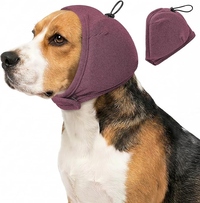 Dog Ear Muffs - No Shake Ear Wrap & Quiet Calming Hoodie, Adjustable Head Snood Cover for Dogs, Noise & Anxiety Relief, Hematoma Protection for Grooming, Drying, Fireworks (Dark Red, S)