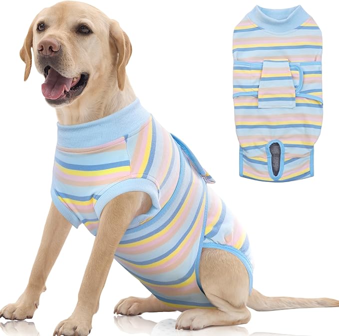 FUAMEY Recovery Suit for Dogs After Surgery,Soft Breathable Dog Bodysuit E-Collar & Cone Alternative Surgical Suit,Male Neuter Suits Spay Recovery Suit Female Onesie Blue Yellow Stripes XL