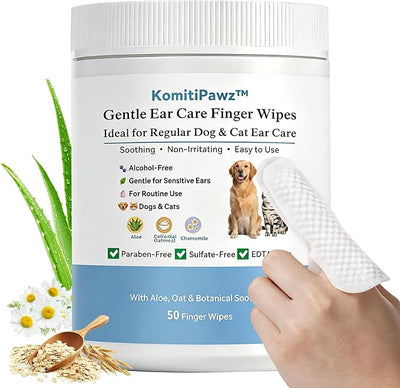 Dog Ear Finger Wipes for Dogs & Cats, Removes Ear Wax & Buildup, Better Than Ear Drops, Larger No-Slip Finger Fit for Better Control, Aloe Vera & Witch Hazel, Gentle for Sensitive Ears - 50 Count