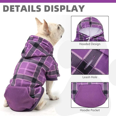 KOOLTAIL Plaid Dog Hoodie for Small Medium Large Dogs - Pet Clothes Sweater with Hat and Pocket for Cold Weather Winter, Warm Soft Dog Hooded Sweatshirt Coat Outfit for Puppy Cats Girls Boys Purple SM