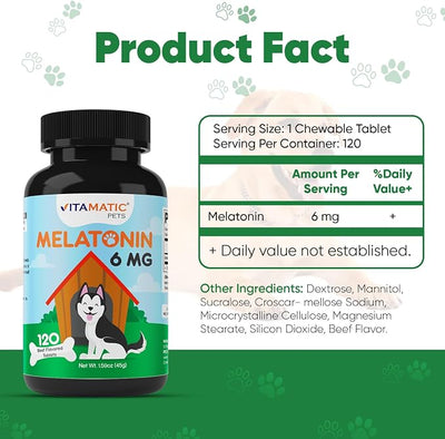 Vitamatic Melatonin for Dogs – 6 mg – 120 Chewable Tablets (Pack of 2) Beef Flavored – Natural Calming Support – Non-Habit Forming – Veterinarian Formulated