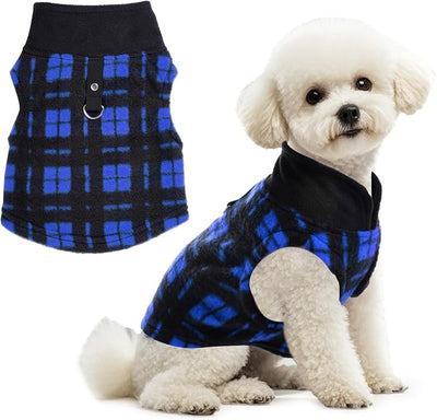 Rbenxia 1 PC Plaid Dog Sweaters with Leash Ring Soft Fleece Vest Dogs Pullover Warm Jacket Pet Dogs Clothes Winter Dog Outfits for Small Puppy Cat Pets (Blue and Black, Medium)