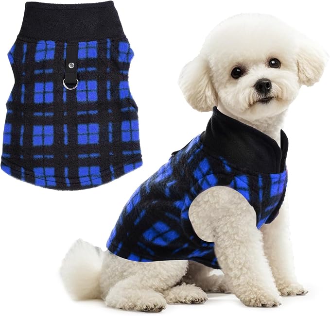 1 PC Plaid Dog Sweaters with Leash Ring Soft Fleece Vest Dogs Pullover Warm Jacket Pet Dogs Clothes Winter Dog Outfits for Small Puppy Cat Pets (Blue and Black, Small)