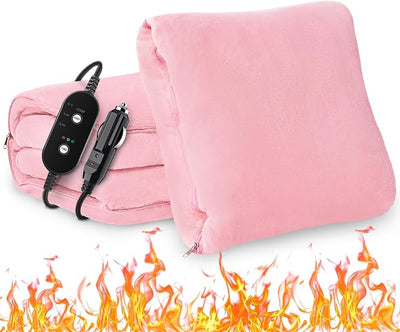 Car Heated Blanket, 12/24V Portable Heated Blanket for Car, Machine Washable Flannel Travel Blanket, 3 Heating Levels, 60x44 Inches, 4-in-1 Design, Convenient Storage for Camping,Pink